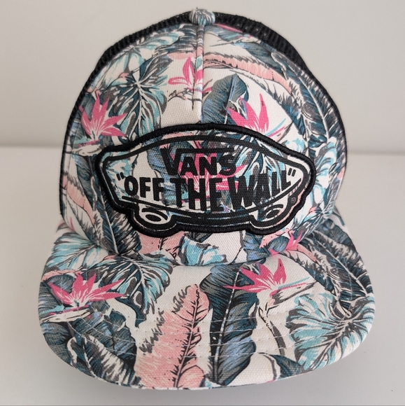 NEW Vans Off The Wall Trucker Hat Cap Puff Mesh Back Tropical Floral Pink Green - Picture 1 of 12